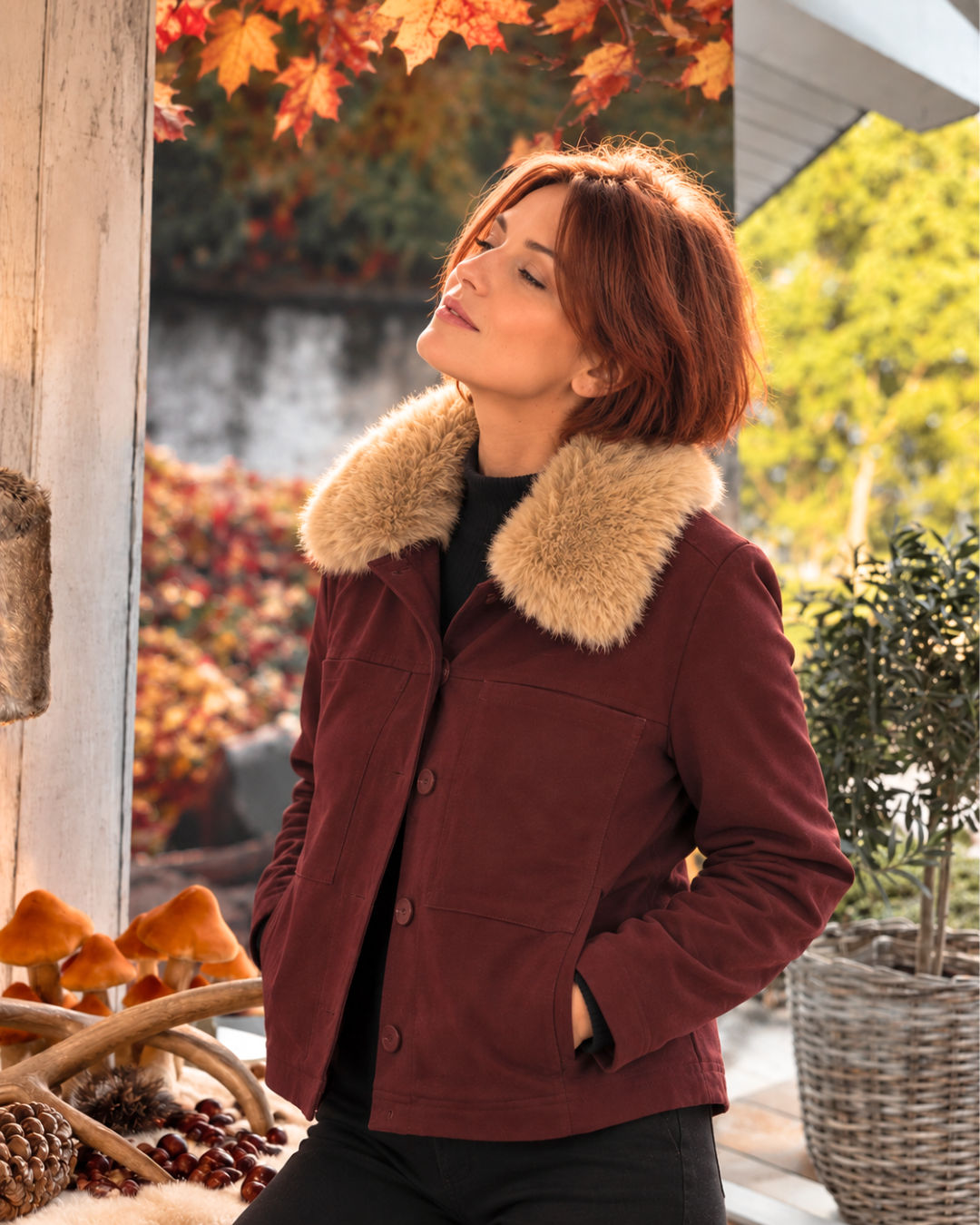 tolle Herbstjacke in bordeaux mit Fellkragen -  die kleine Wundertüte
